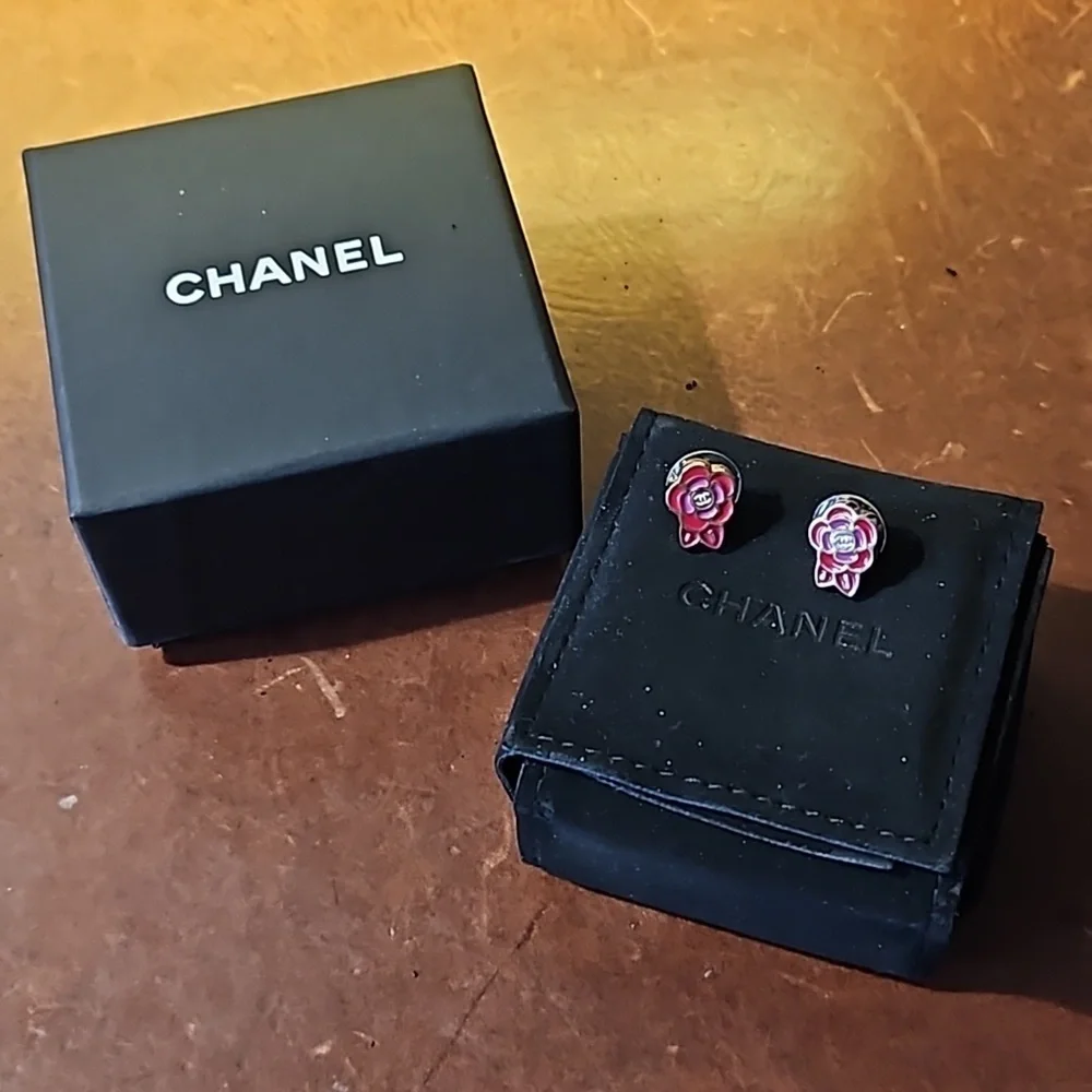 Chanel Camellia Pierced Earrings Gold Red Pink 05P - Picture 4 of 4